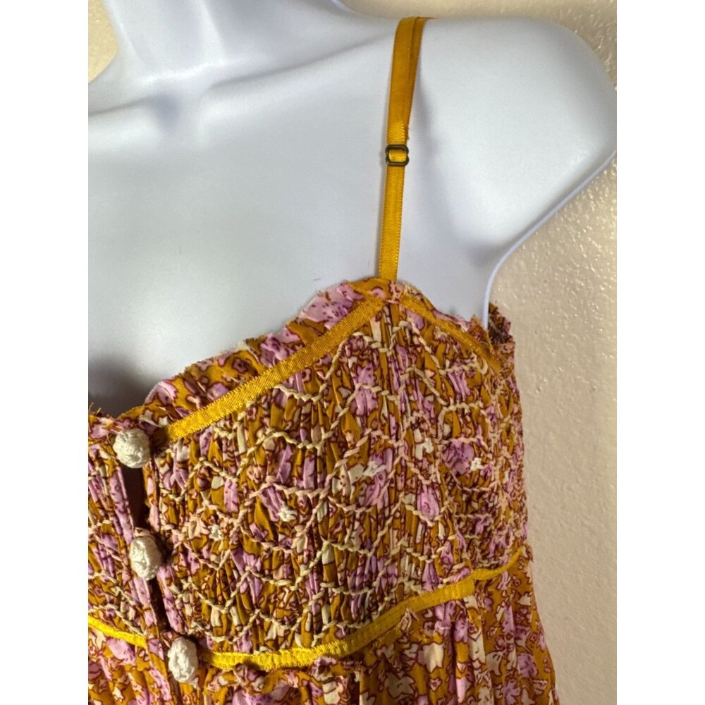 Free People Molly Jo Midi Maxi Dress Women Small Tiered Mustard Floral Smocked - Picture 14 of 16